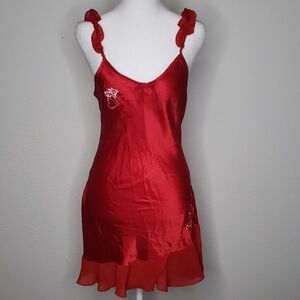 Vintage Enchanting Satin Floral Embroidered Ruffles Chemise Slip Dress Size M